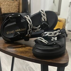 Stuart Weitzman Black and Silver Sandals with Modern Design